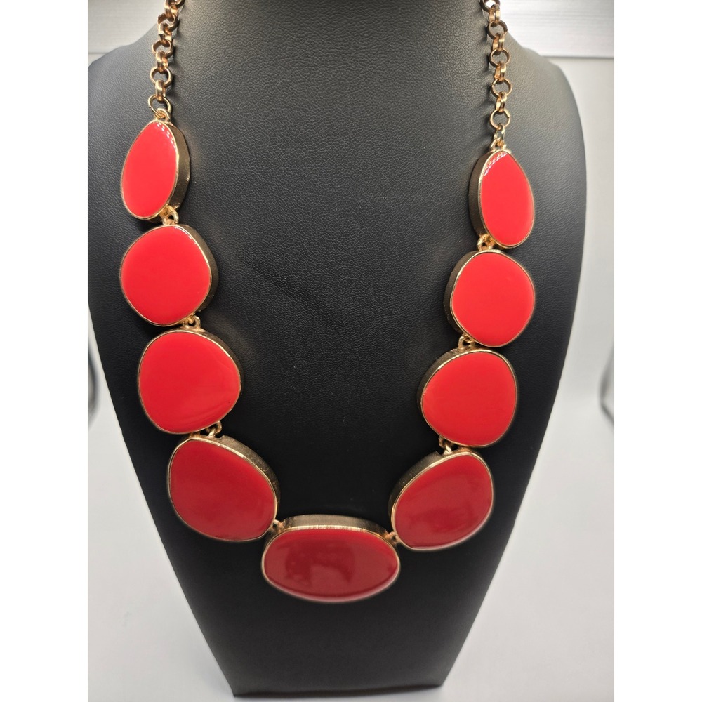 Lauren Conrad Red Enamel Gold Tone Graduated Bib Statement Necklace LC Logo